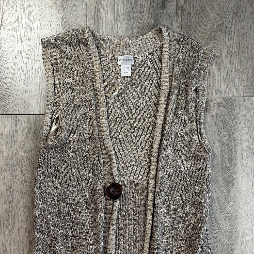Chico's Linen Sweater Vest Womens 2 Gray Open Knit Longline Duster Fisherman